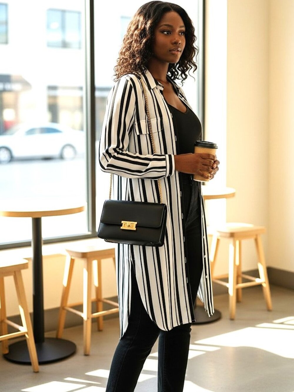 Calvin Klein Black and White Stripe High Low Blouse, Dress, Size Med, High Low
